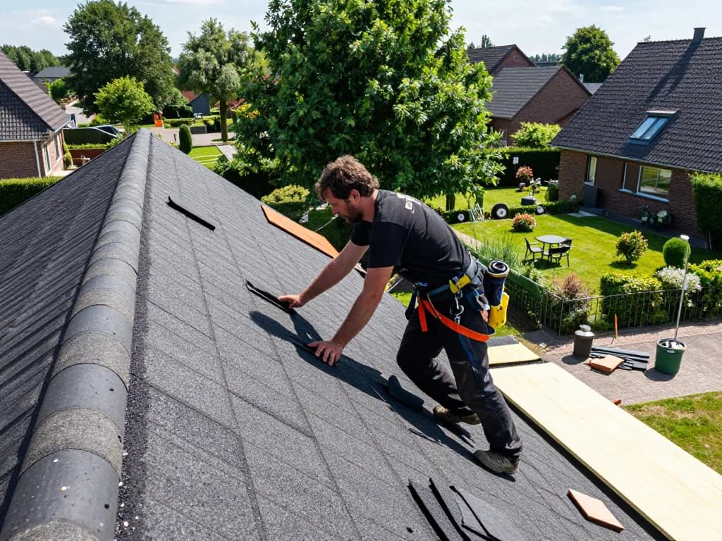 Expert dakdekker uit Enschede die nieuwe dakbedekking installeert op een woonhuis onder zonnige omstandigheden.