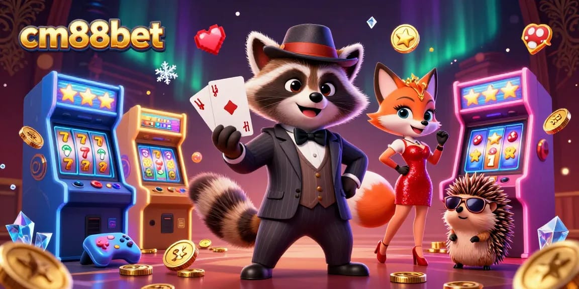 Experience the excitement of cm88bet with a 3D gaming scene featuring a suave raccoon, fox lady, and hedgehog bouncer.