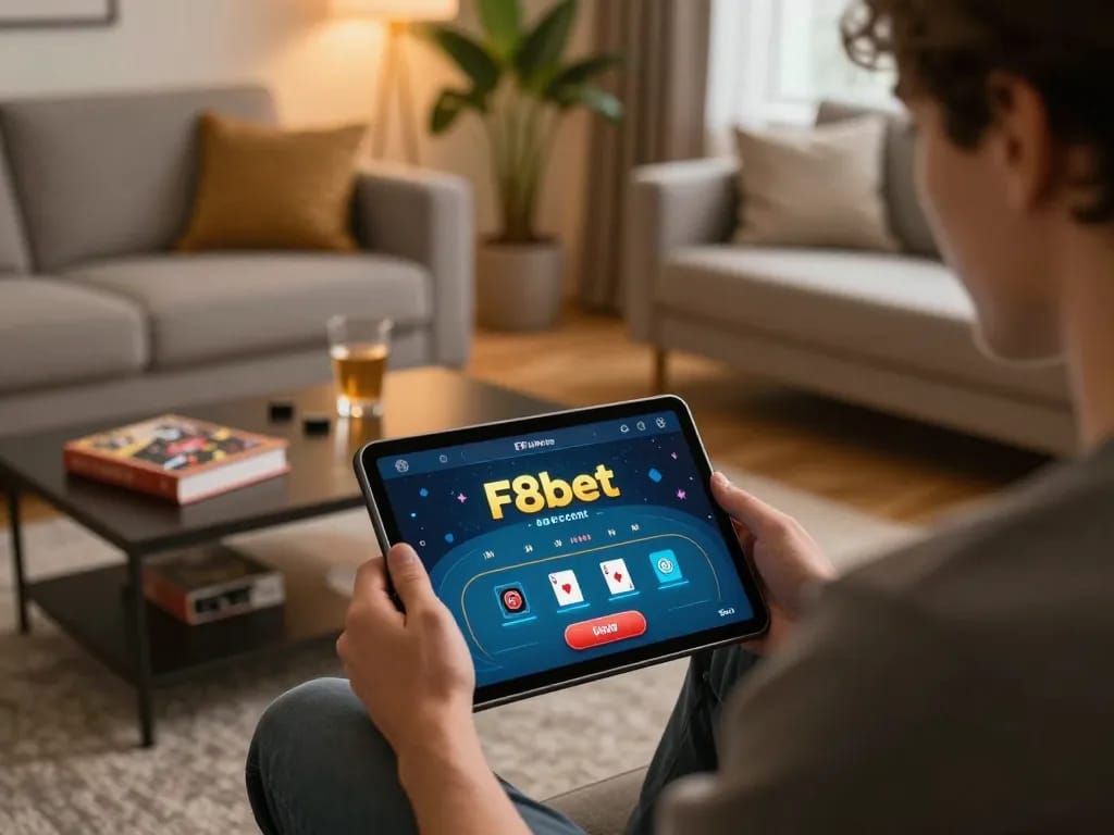 Engaging poker gameplay on tablet at home, highlighting F8bet com for online casino enthusiasts.