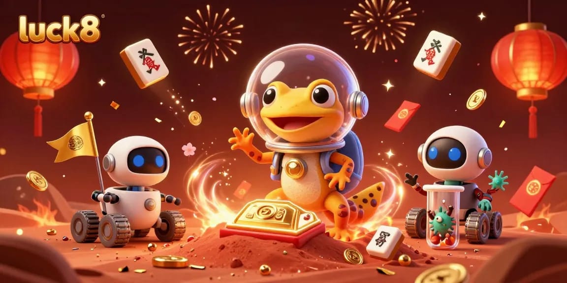 Experience luck8 with a Martian gecko uncovering a golden casino in vibrant celebration.