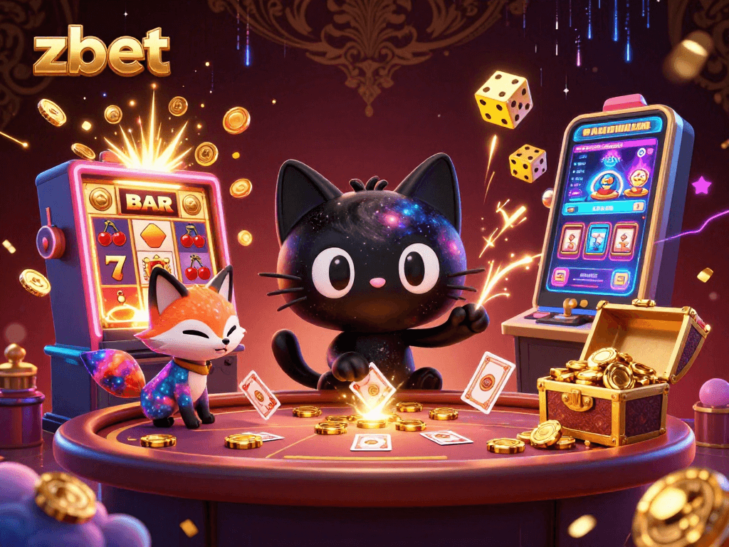 Zbet engages players with a vibrant cosmic casino scene featuring unique characters and gaming elements.