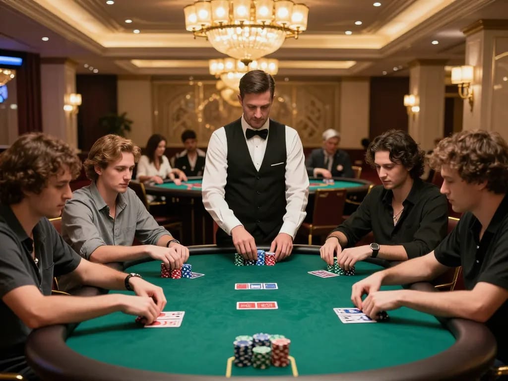 Players engaging in an intense poker game at UK88 casino, showcasing strategy and excitement