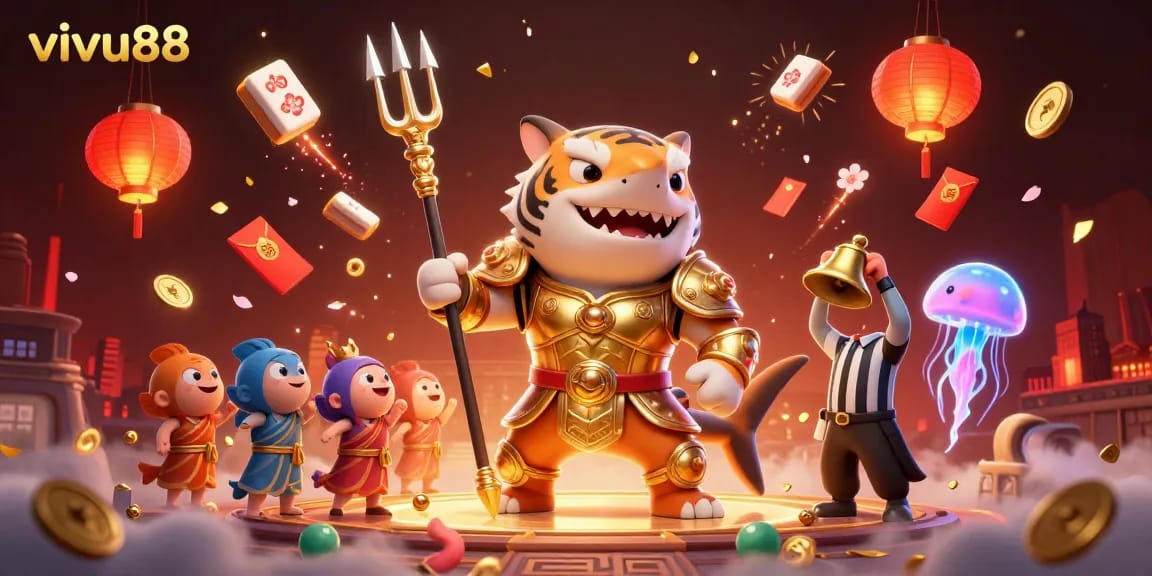Experience thrilling action with vivu88 in this vibrant 3D casino scene featuring a gladiator shark and dynamic gambling elements.