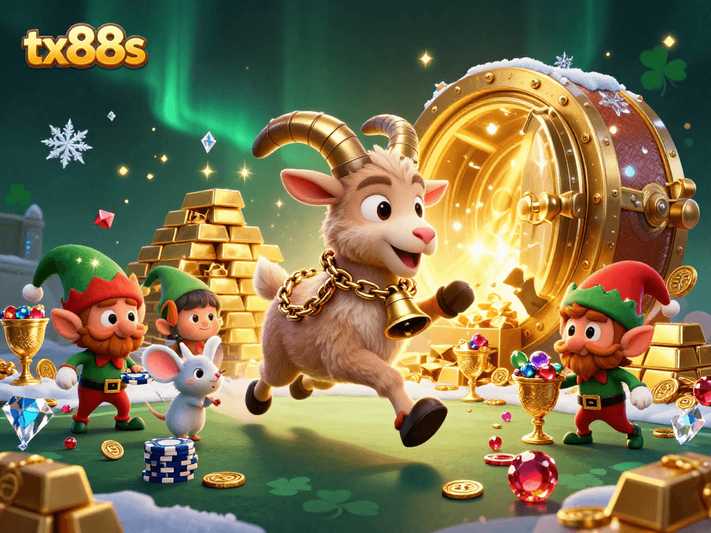 Experience tx88s excitement in a thrilling holiday-horror casino scene with dynamic characters and treasures.
