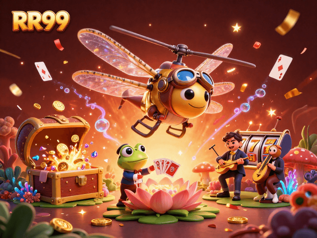 Win big at RR99 with a vibrant casino scene featuring a helicopter pilot and frog dealer