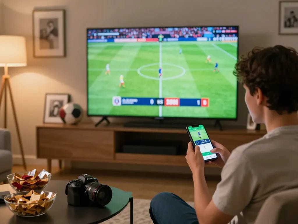 Socolive trực tiếp bóng đá as a fan places live bets while watching an exciting game on TV.