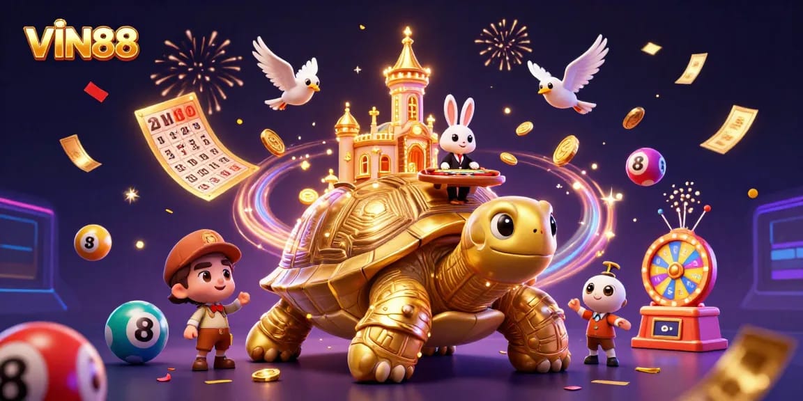 Spin and win with VIN88, featuring a whimsical tortoise casino with vibrant elements and joyous energy.