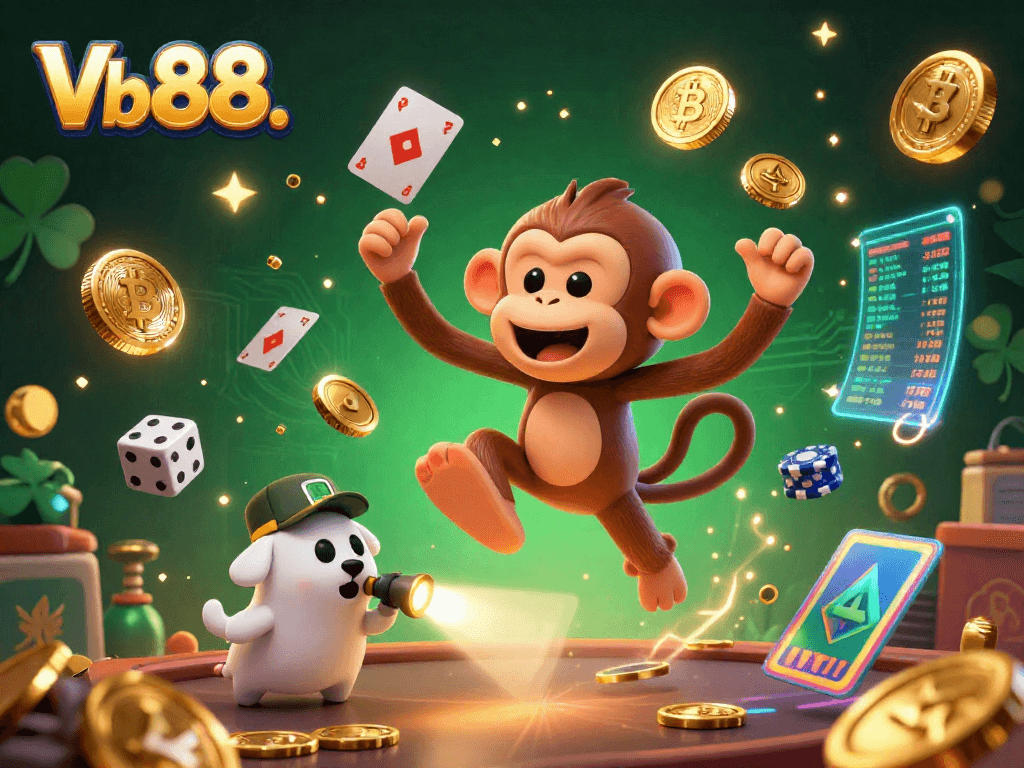 Engaging scene showing Vb88. in a haunted casino with a mischievous monkey and ghost-hunter puppy juggling glowing coins.