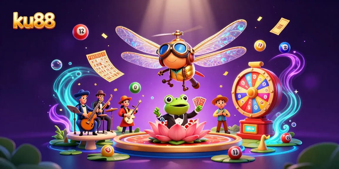 ku88 themed vibrant casino scene with a dragonfly pilot, frog dealer, and jazz crickets.
