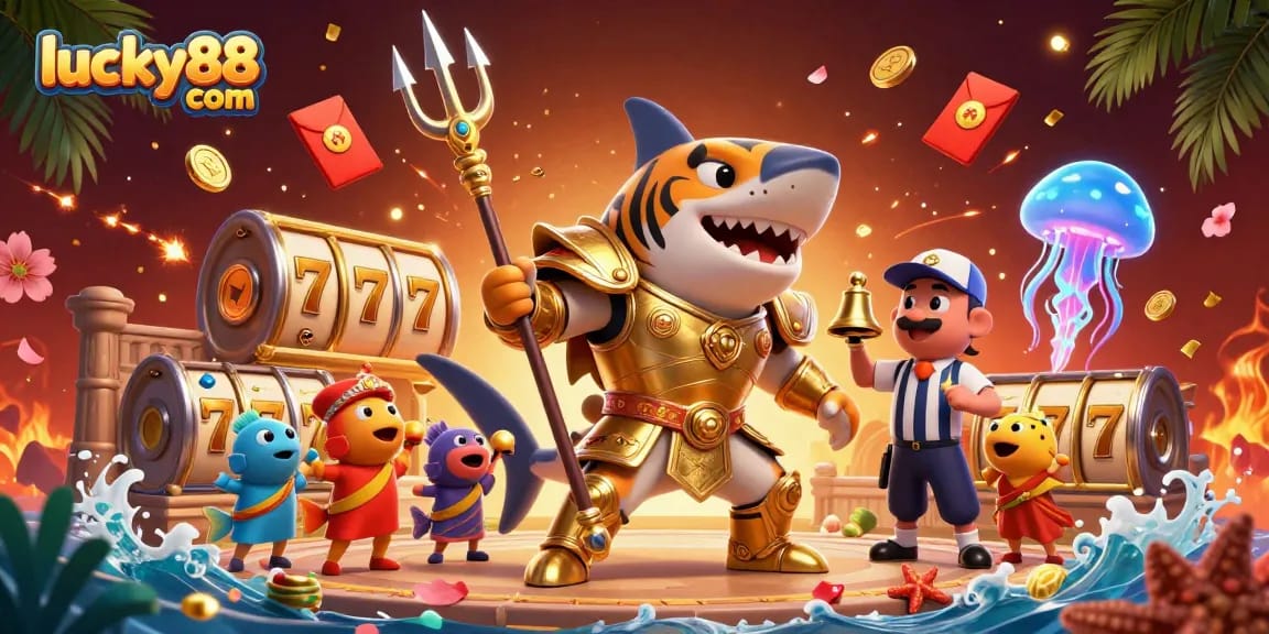 Experience thrilling casino action with lucky88 com, featuring a fierce tiger shark in gladiator armor and exploding jackpot visuals.