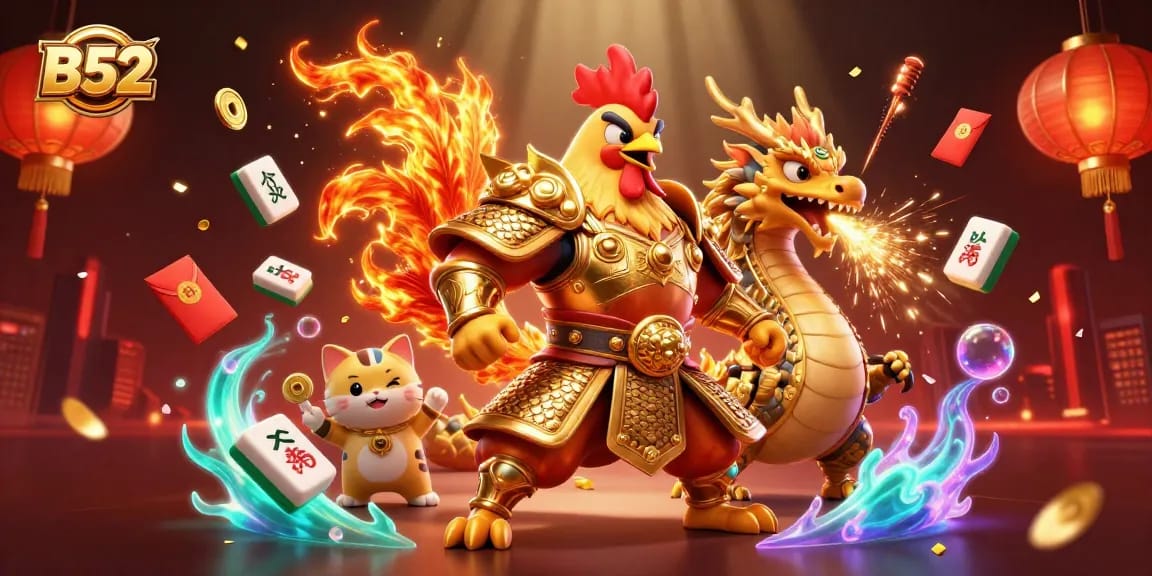 B52 captures the excitement of fortune with vibrant casino elements and a dynamic fighting rooster scene.