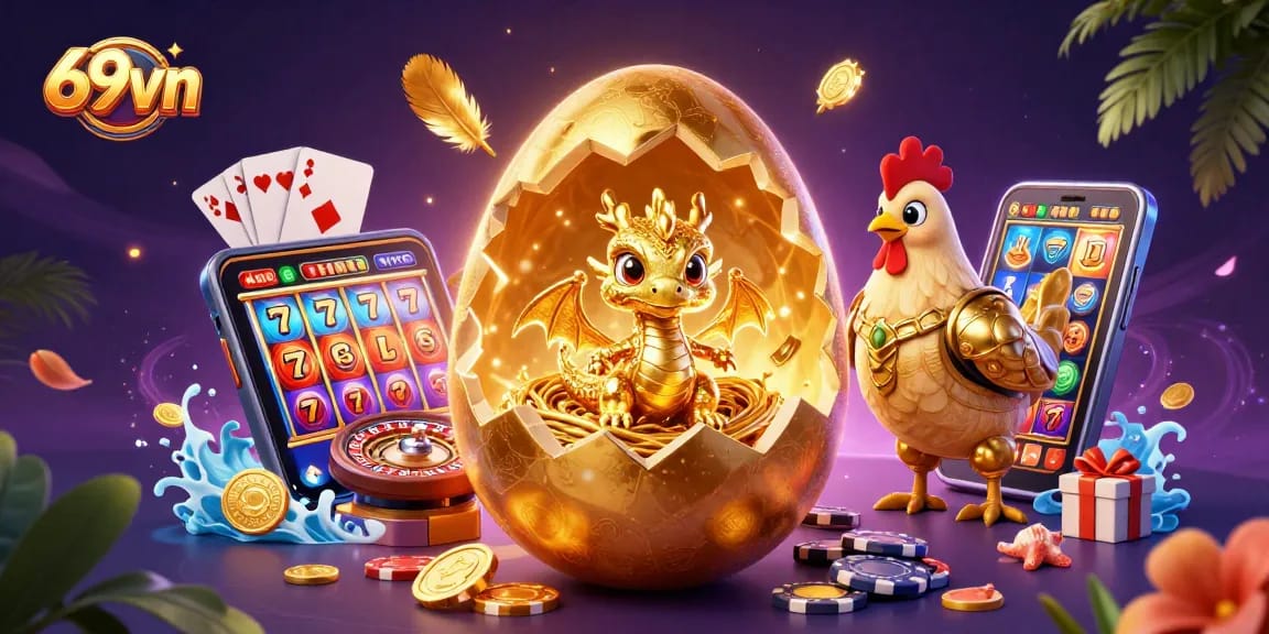Engage with 69vn's immersive 3D casino scene featuring a golden dragon and slot games.
