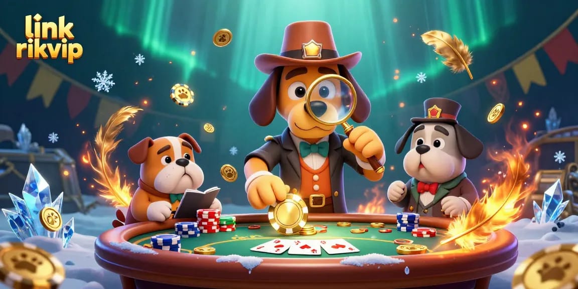 Bet on link rikvip with a cartoon detective leading the gambling game scene full of poker clues.