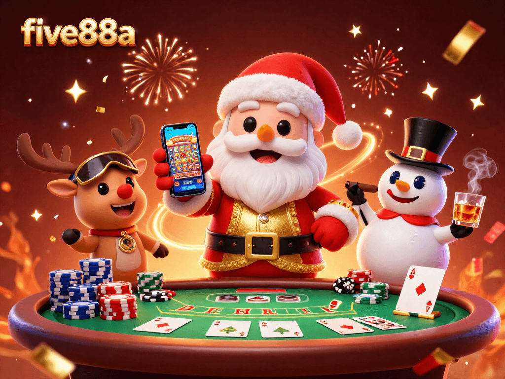 Play exciting slots and poker at five88a with Santa Claus and friends celebrating big wins!