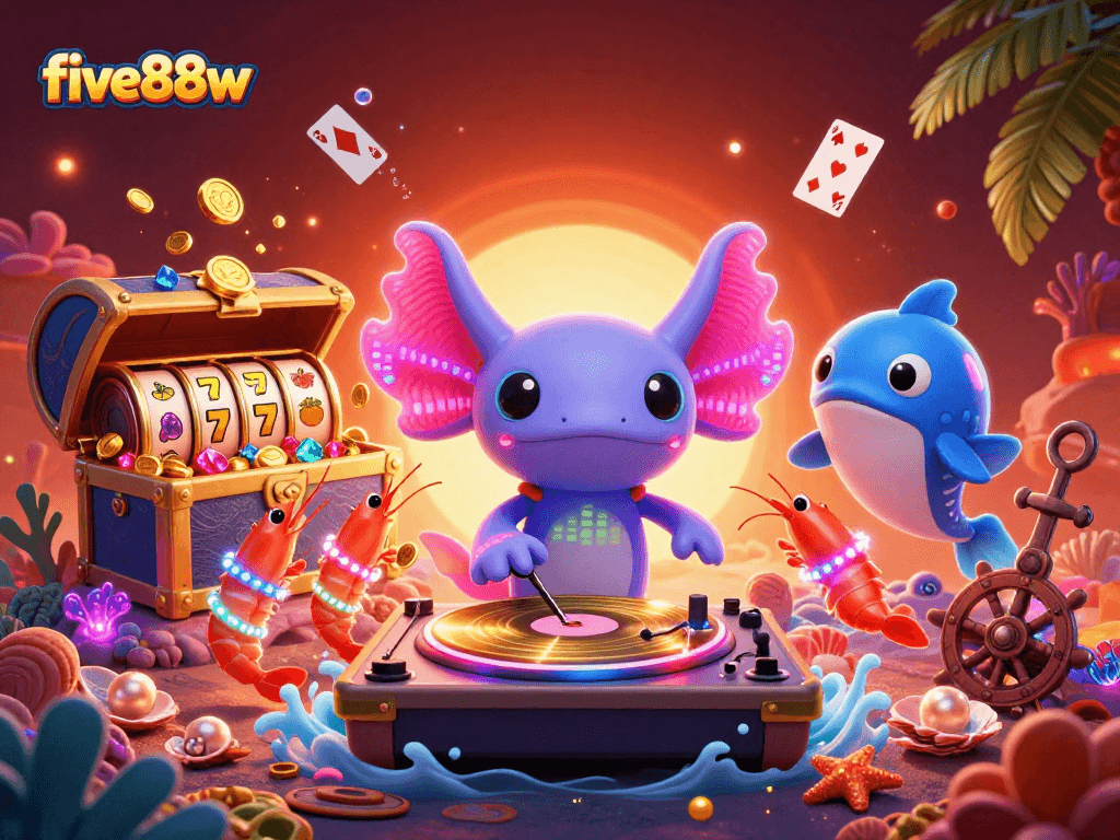 five88w offers vibrant casino fun with animated axolotl DJ and exciting slot elements.