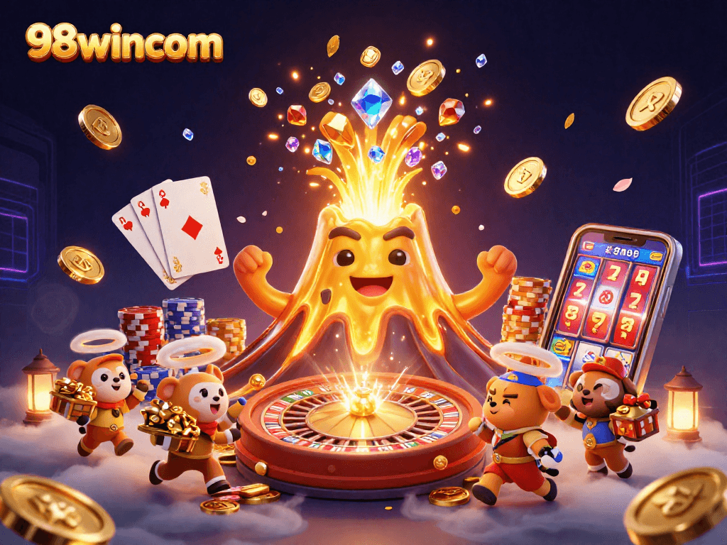 Winning treasures burst from the 98wincom golden volcano, capturing the excitement of casino adventures.