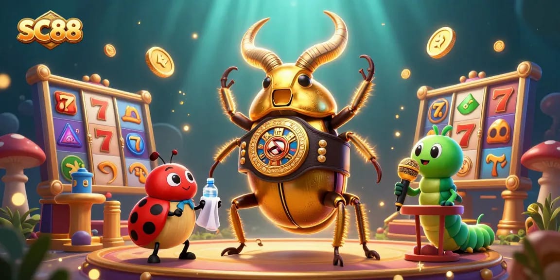 Win exciting jackpots at SC88 with a thrilling giant beetle boxing champion surrounded by colorful slot games.