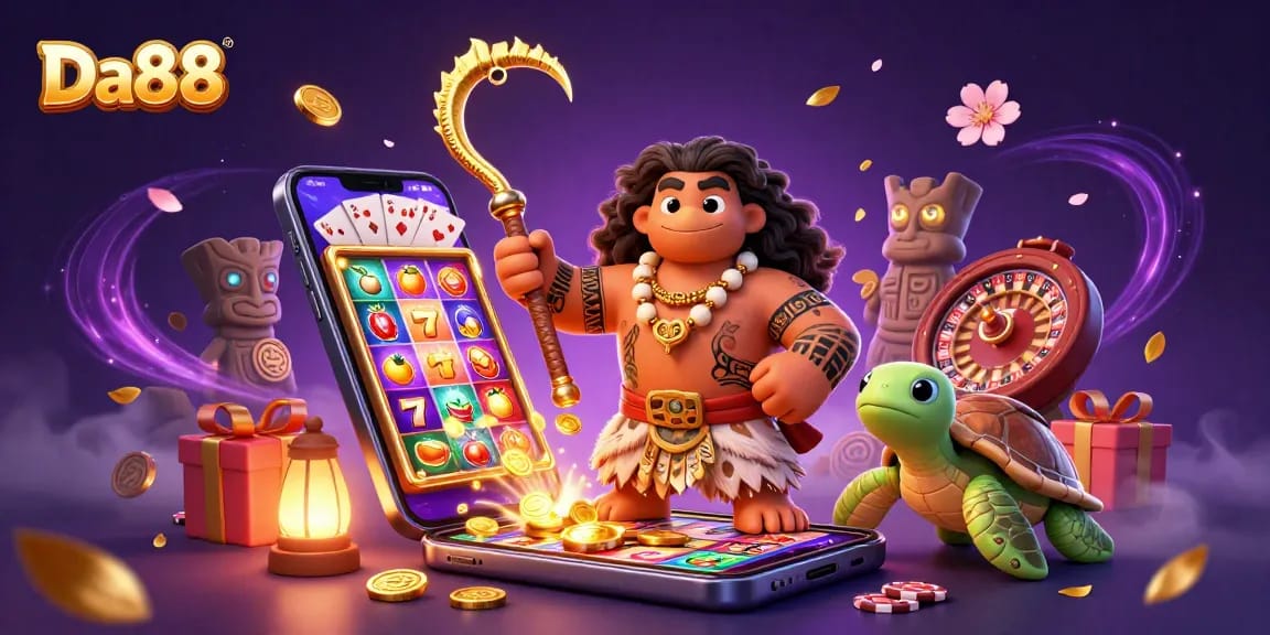 Experience thrilling action in Da88 with a colorful slot game, vibrant coins, and playful characters.