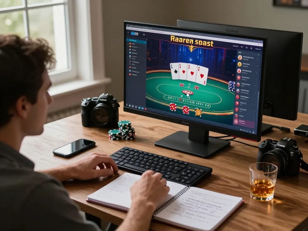 Player using LU88 interface for poker game while surrounded by strategic gaming notes.