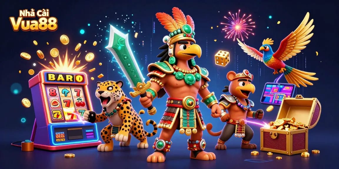 Play slots at Nhà cái Vua88 with an explosion of coins and colorful casino atmosphere.