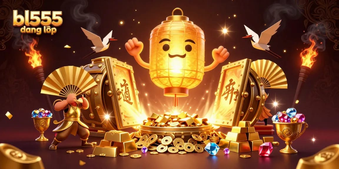Experience the excitement of bl555 đăng nhập at our interactive casino, featuring vibrant characters and golden treasures.