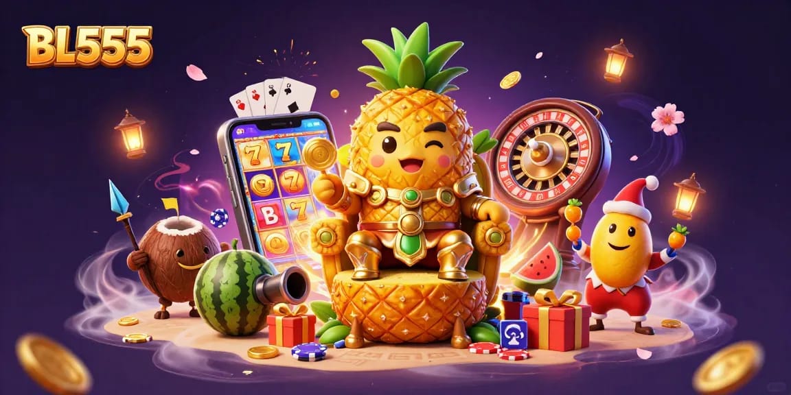 Experience thrilling gameplay with BL555's vibrant casino scene featuring the golden pineapple king and exciting slot games.
