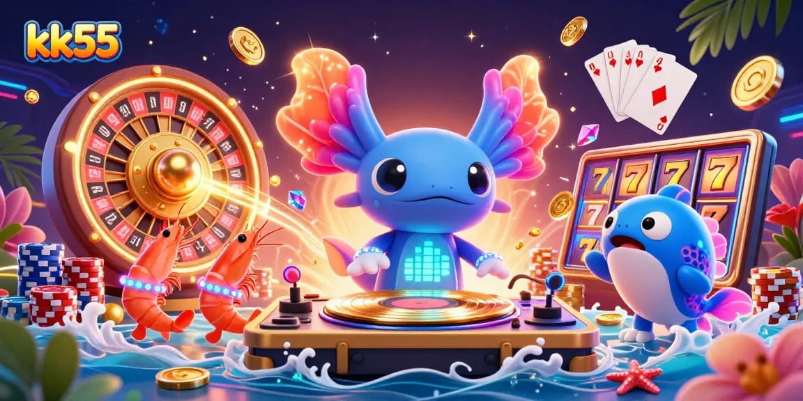 Experience thrilling wins at kk55 with dynamic 3D casino fun featuring neon-colored characters and vibrant game elements.
