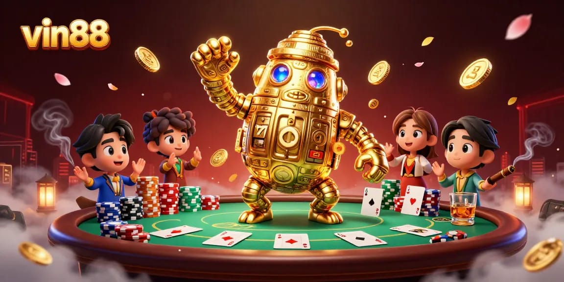 Spin the slot symbols on the vibrant vin88 casino scene filled with poker chips and golden golem.