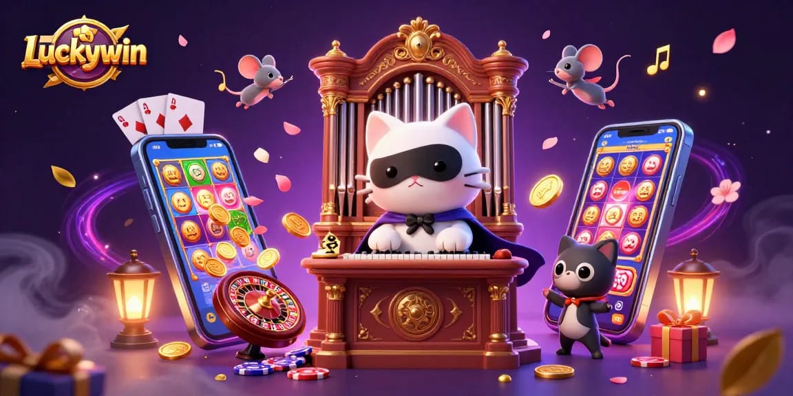 Engage with Luckywin's vibrant casino experience through a dynamic 3D illustration featuring iconic game elements.