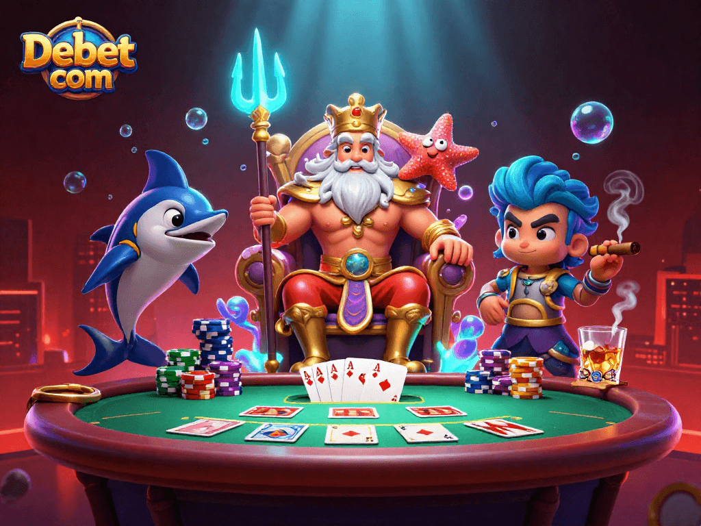 Engage with thrilling poker action at Debet com featuring Neptune and his samurai guard