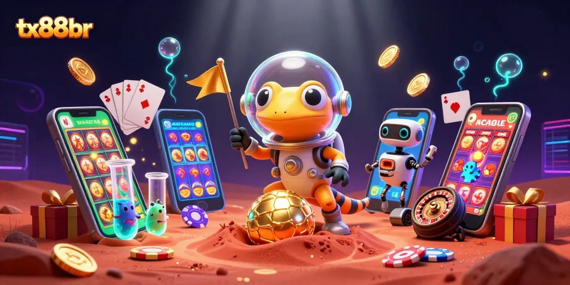Join the excitement at tx88br with a Martian gecko exploring a vibrant casino environment!