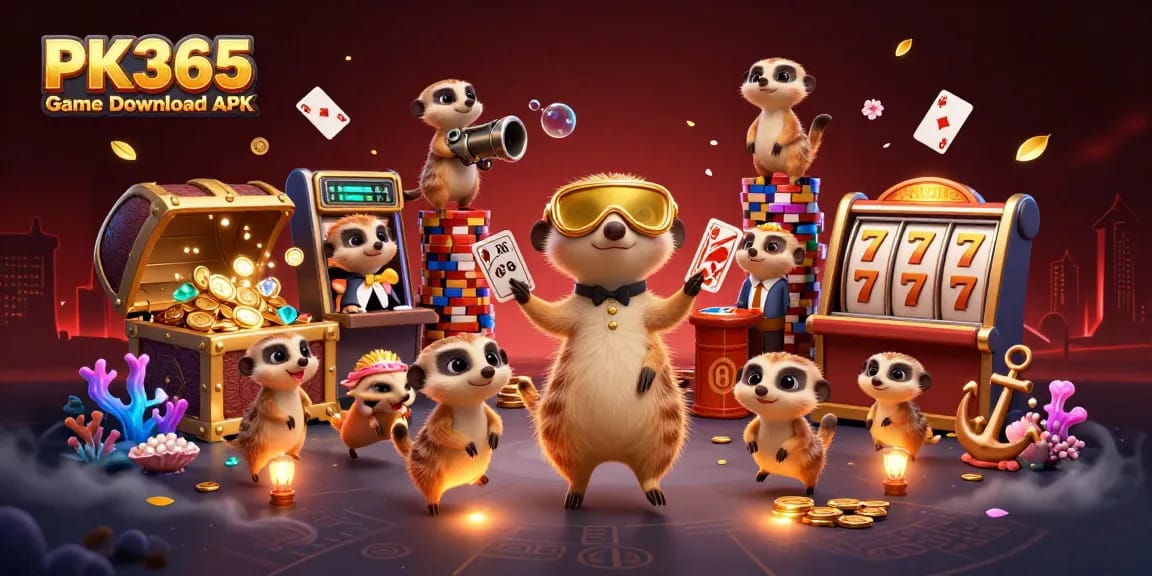Experience thrills with the PK365 Game Download APK amidst playful meerkats in a vibrant casino scene.
