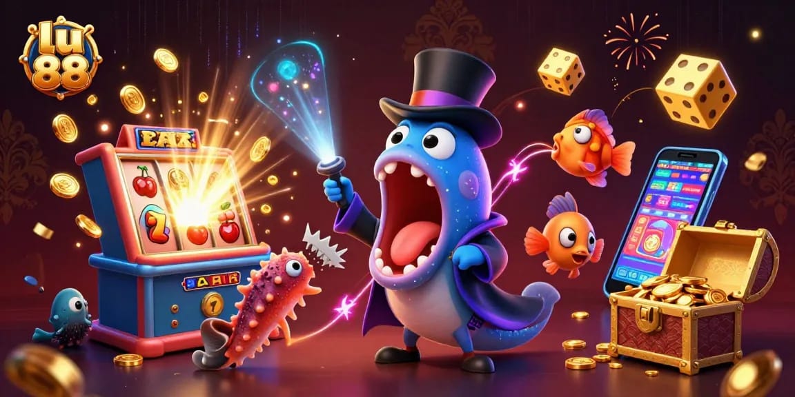 Engage with the thrilling world of lu 88 where a mischievous gulper eel performs card tricks amidst a dazzling casino scene.