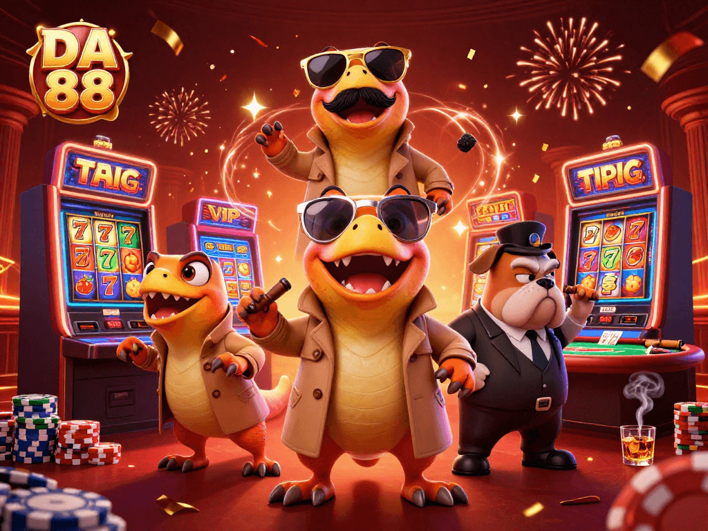 Join the fun at DA 88 with raptors amusingly trying to sneak into a casino lounge scene.
