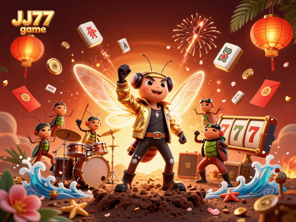 Engage with the exciting JJ77 game featuring rock star characters in a vibrant casino setting.