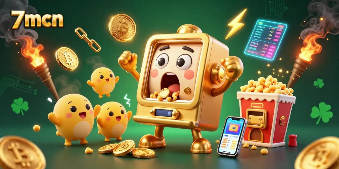 The engaging scene of 7mcn features a joyful golden slot machine celebrating its jackpot amidst vibrant crypto coins and dynamic gambling elements.