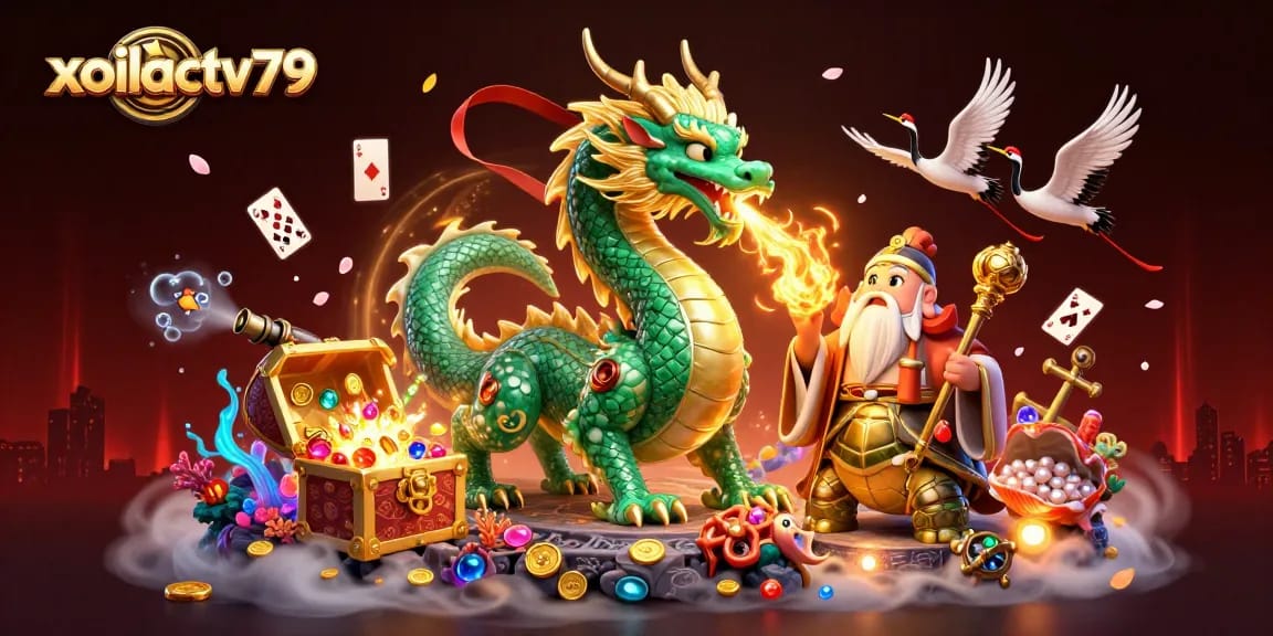 Xoilactv79 showcases a vibrant gaming atmosphere, featuring a majestic dragon and turtle sage amidst dazzling treasures.