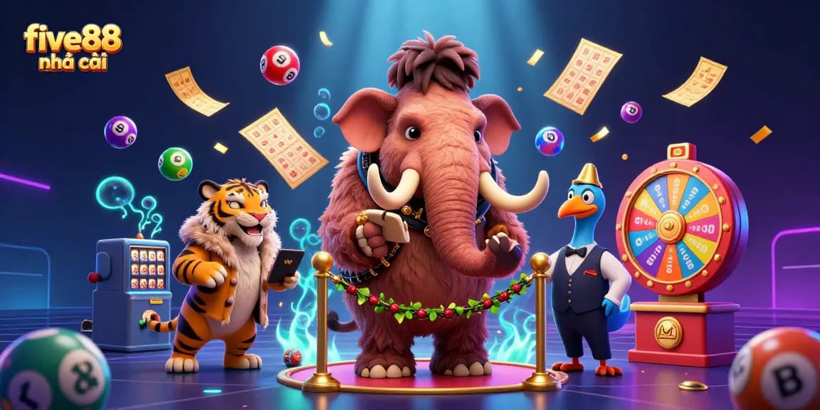 Experience five88 nhà cái excitement with a vibrant 3D casino scene featuring a mammoth bouncer and colorful lottery elements.
