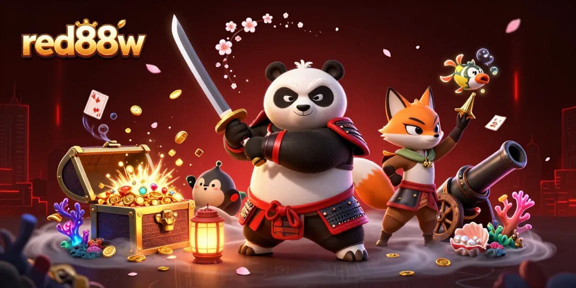 Experience thrilling gameplay at red88w with a dynamic 3D scene featuring samurai panda, ninja fox, and magical tanuki.