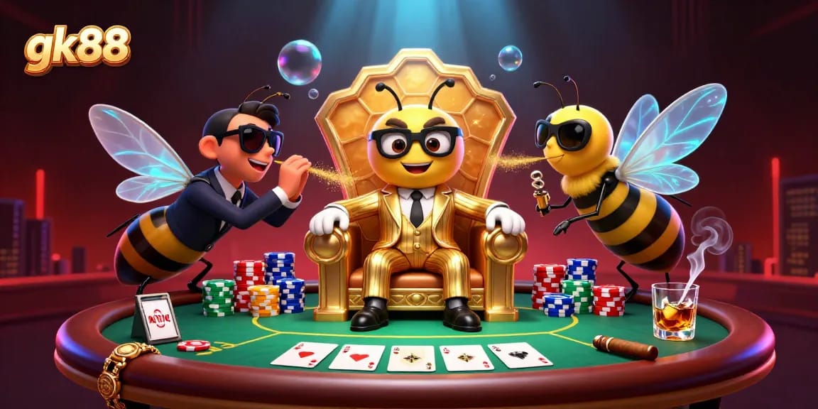 Experience thrilling poker action with gk88 in a vibrant 3D casino illustration featuring clever characters.