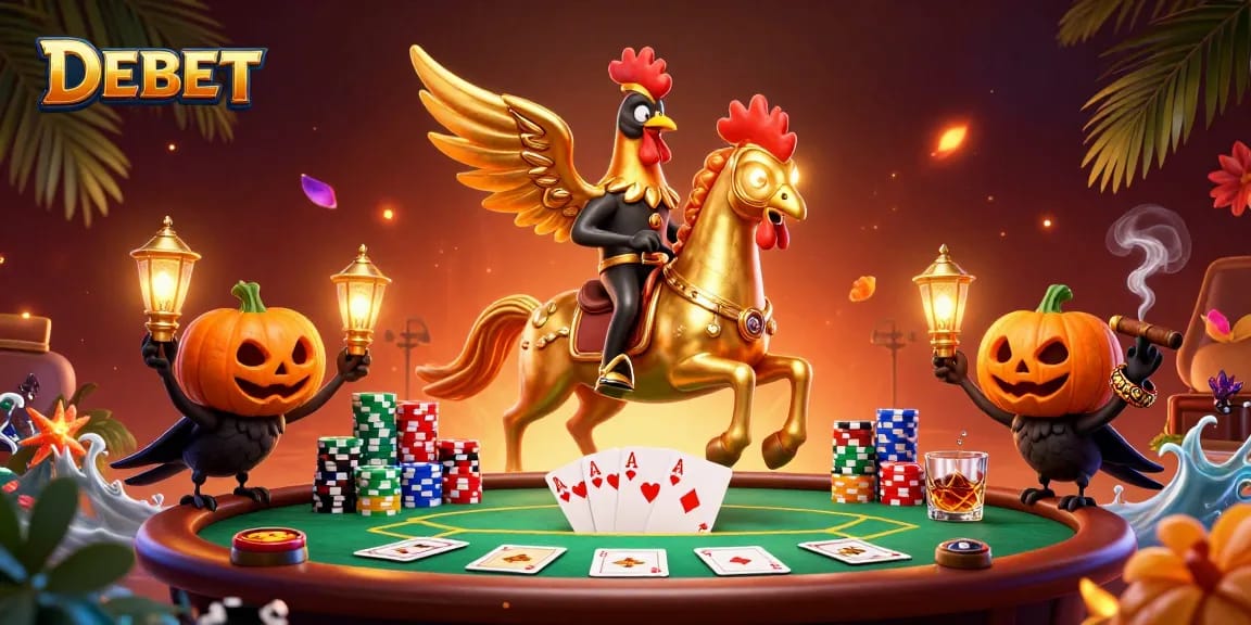 Experience lively gambling with DEBET through a vibrant casino scene featuring mythical characters and poker elements.