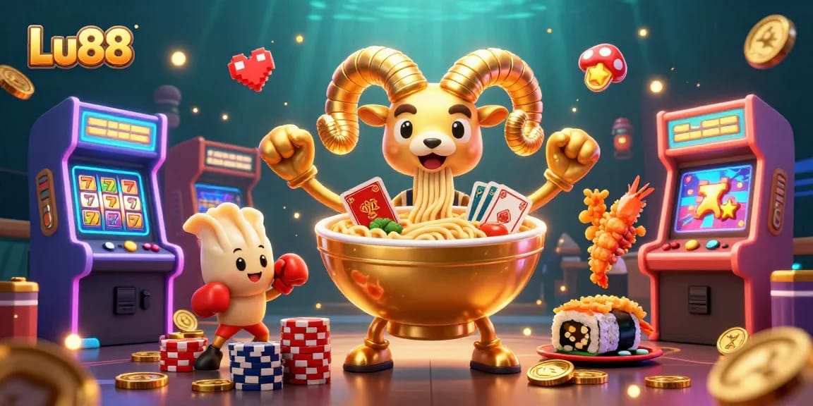 Beat the odds with Lu88 in a vibrant, colorful casino illustration featuring a ramen bowl dealer.