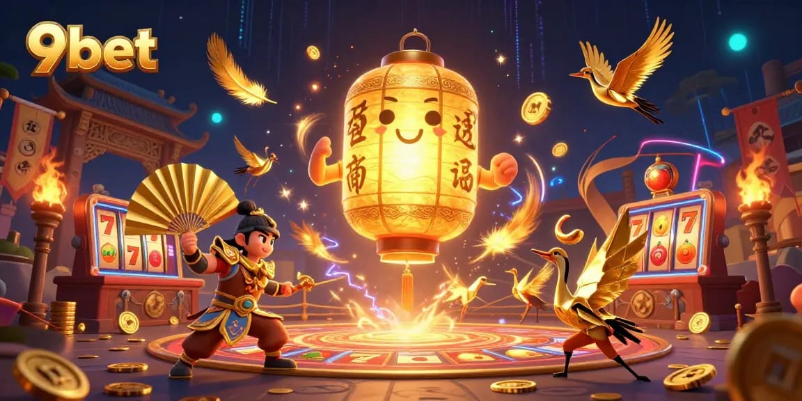 Engage with 9bet's vibrant casino scene featuring the enchanting golden lantern spirit above slot reels.