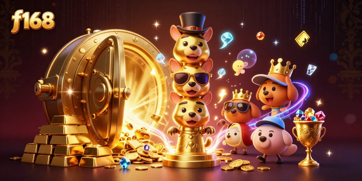 Experience the excitement with f168's vibrant casino illustration showcasing a golden totem and treasure elements.