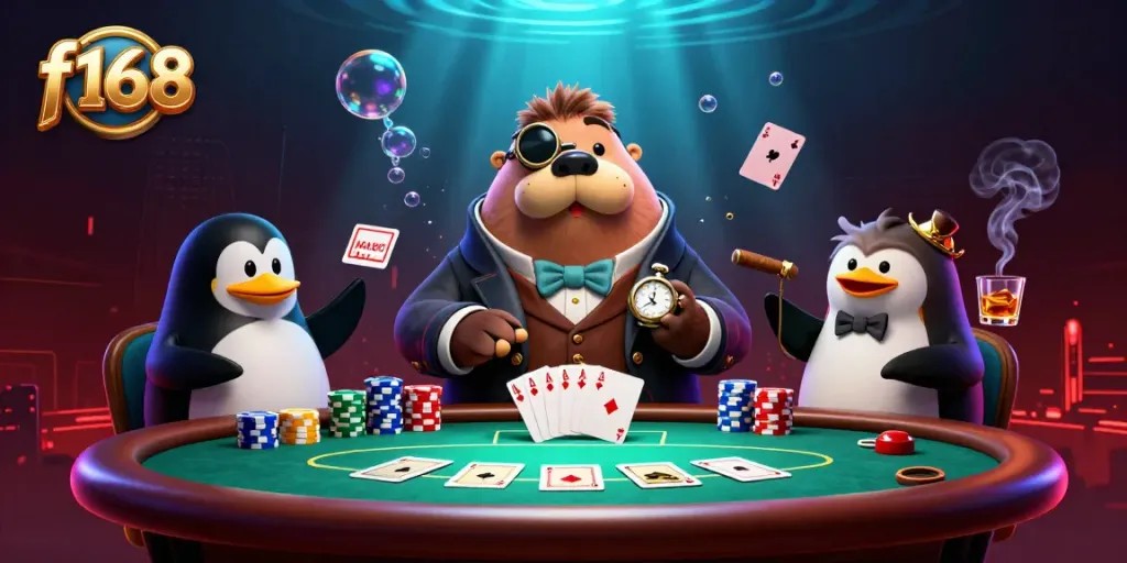 Engaging f168 scene with a walrus playing poker underwater, surrounded by colorful chips and cards.