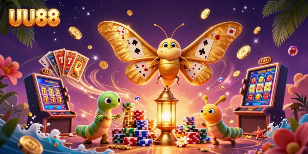 Experience thrilling gaming action with UU88 alongside a magical moth and shiny casino treasures.