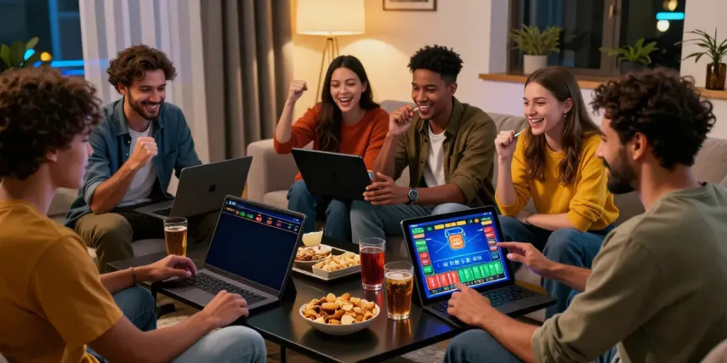 Diverse friends enjoying online gambling at https://fabet.com.mx/ with engaging games and lively discussion.