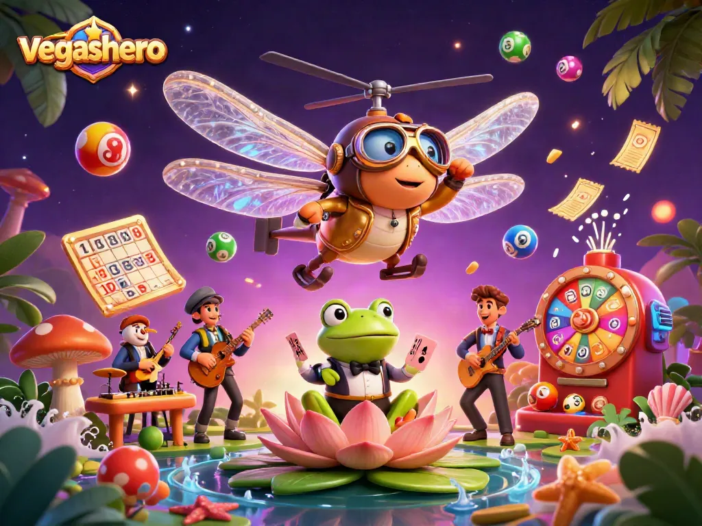 Experience vegashero's vibrant casino atmosphere featuring a unique dragonfly pilot and frog croupier.