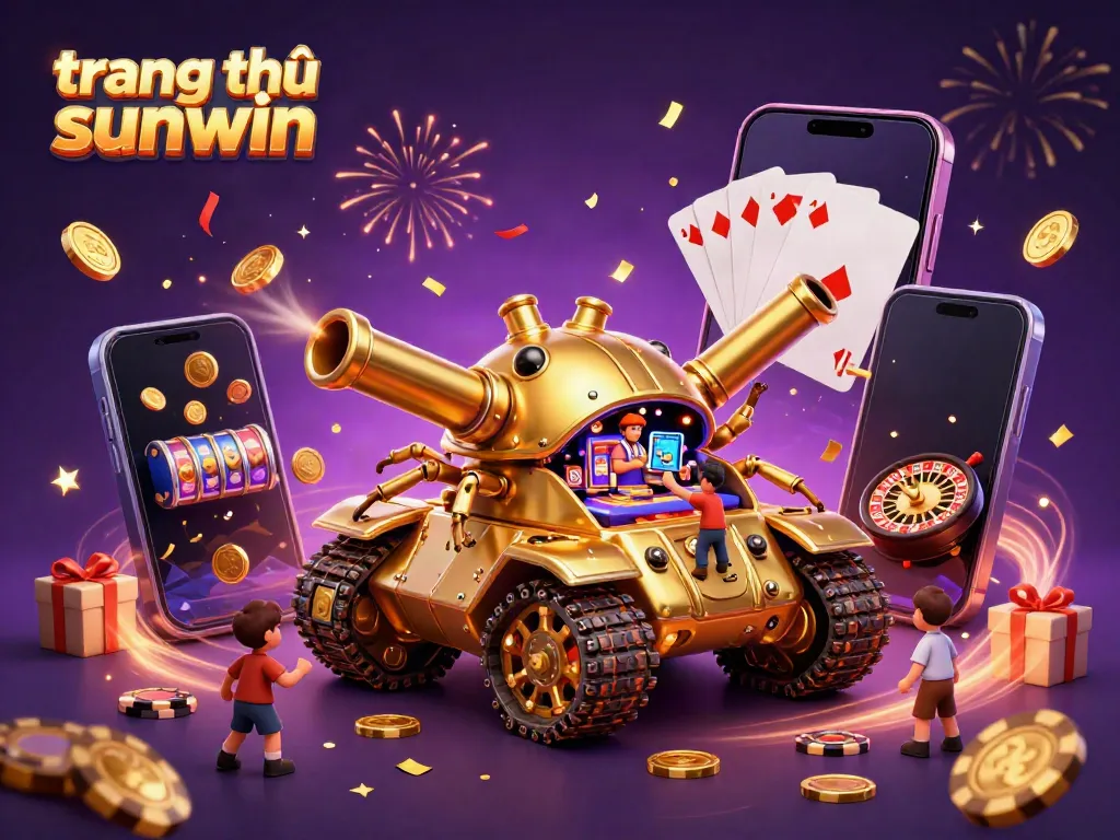 Join the fun at trang chủ sunwin with a vibrant 3D casino scene featuring golden beetle tank and various gaming elements.