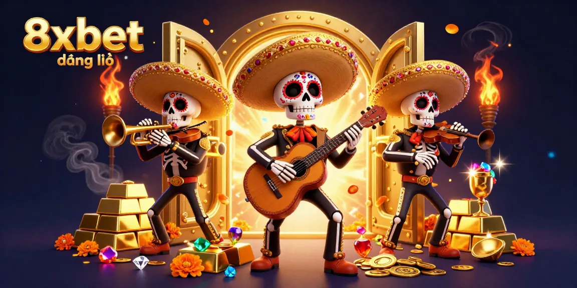 Experience the excitement of 8xbet đăng nhập with a vibrant mariachi band amid treasures and gems.